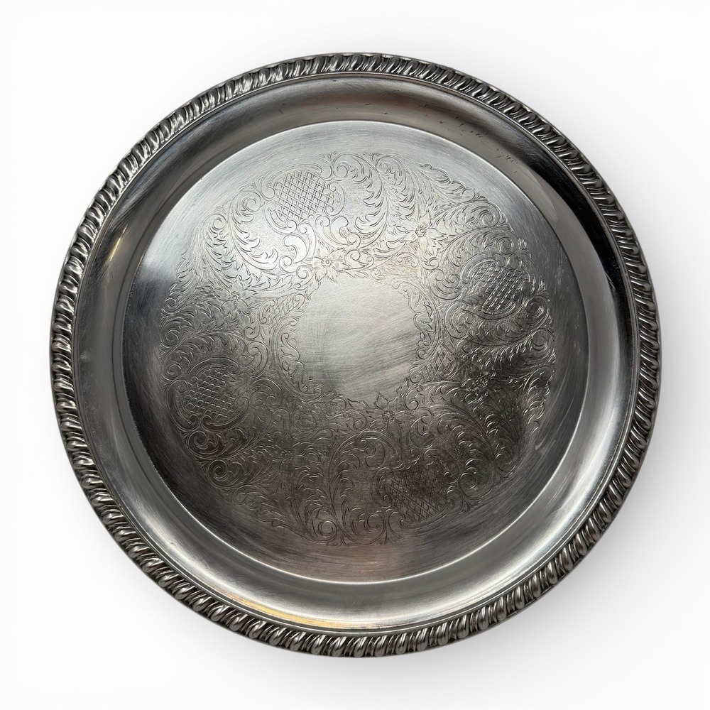 Eales 1779 Silverplate Round Serving Tray Etched Floral Gadroon Rim Vintage